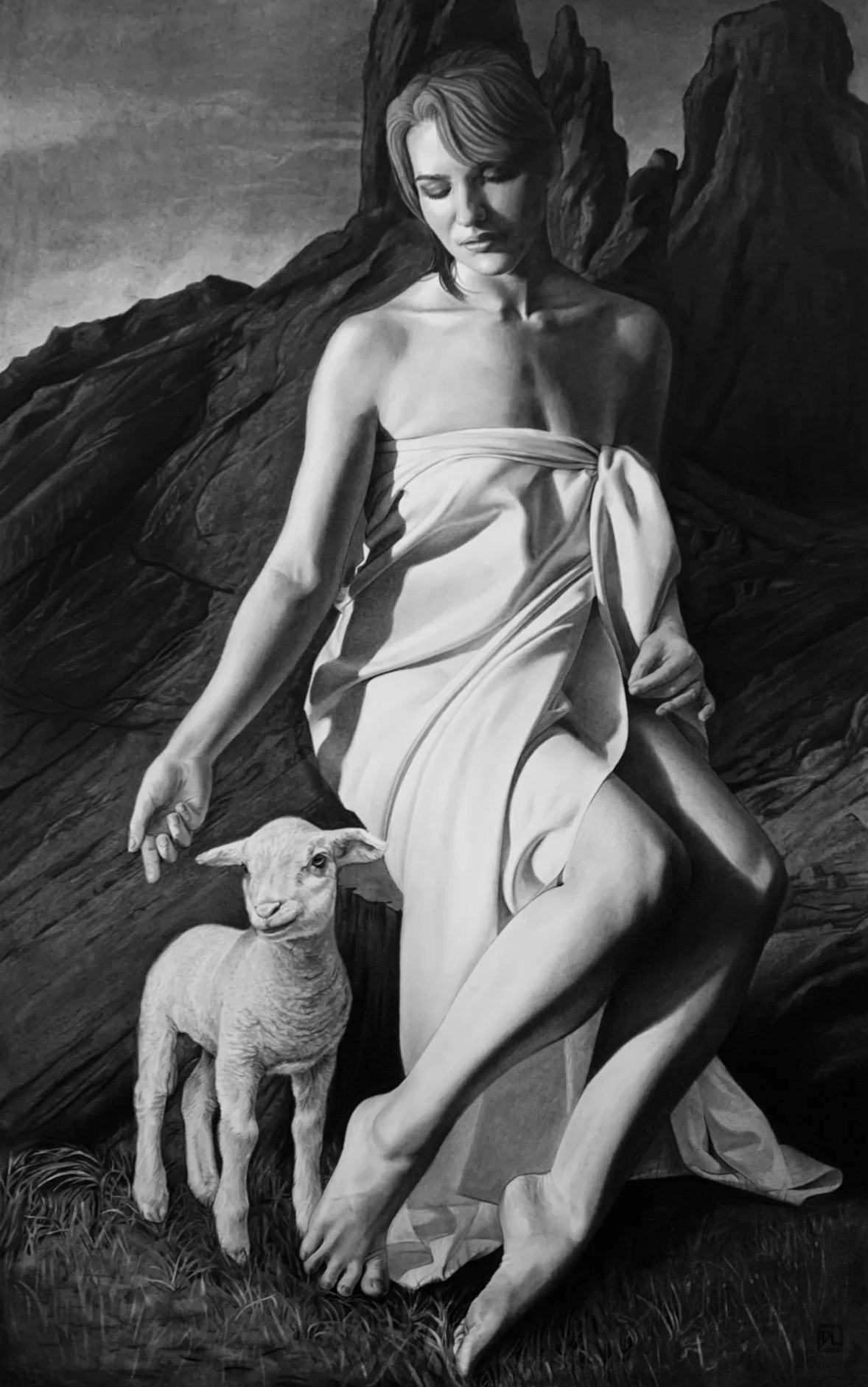 A black and white painting of a woman with closed eyes, wearing a draped cloth, sitting on a rocky landscape with a mountain in the background. She is gently touching a lamb with her left hand.