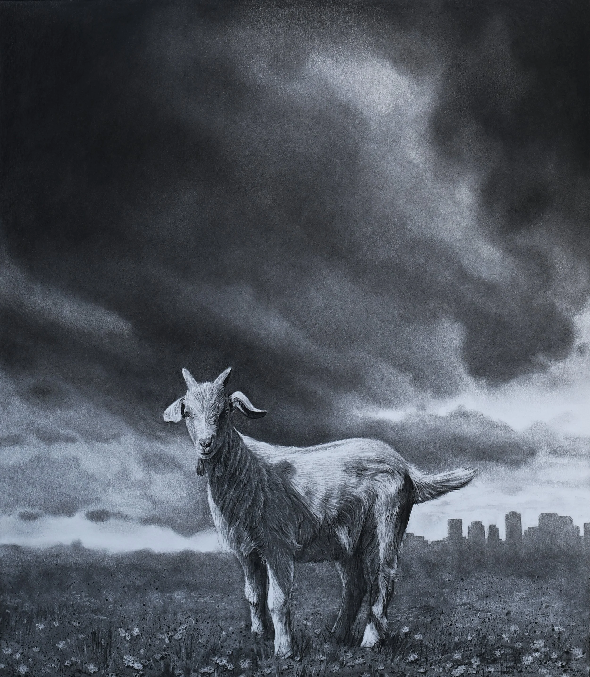 A black and white painting of a goat standing outdoors with a cloudy sky and cityscape in the background.