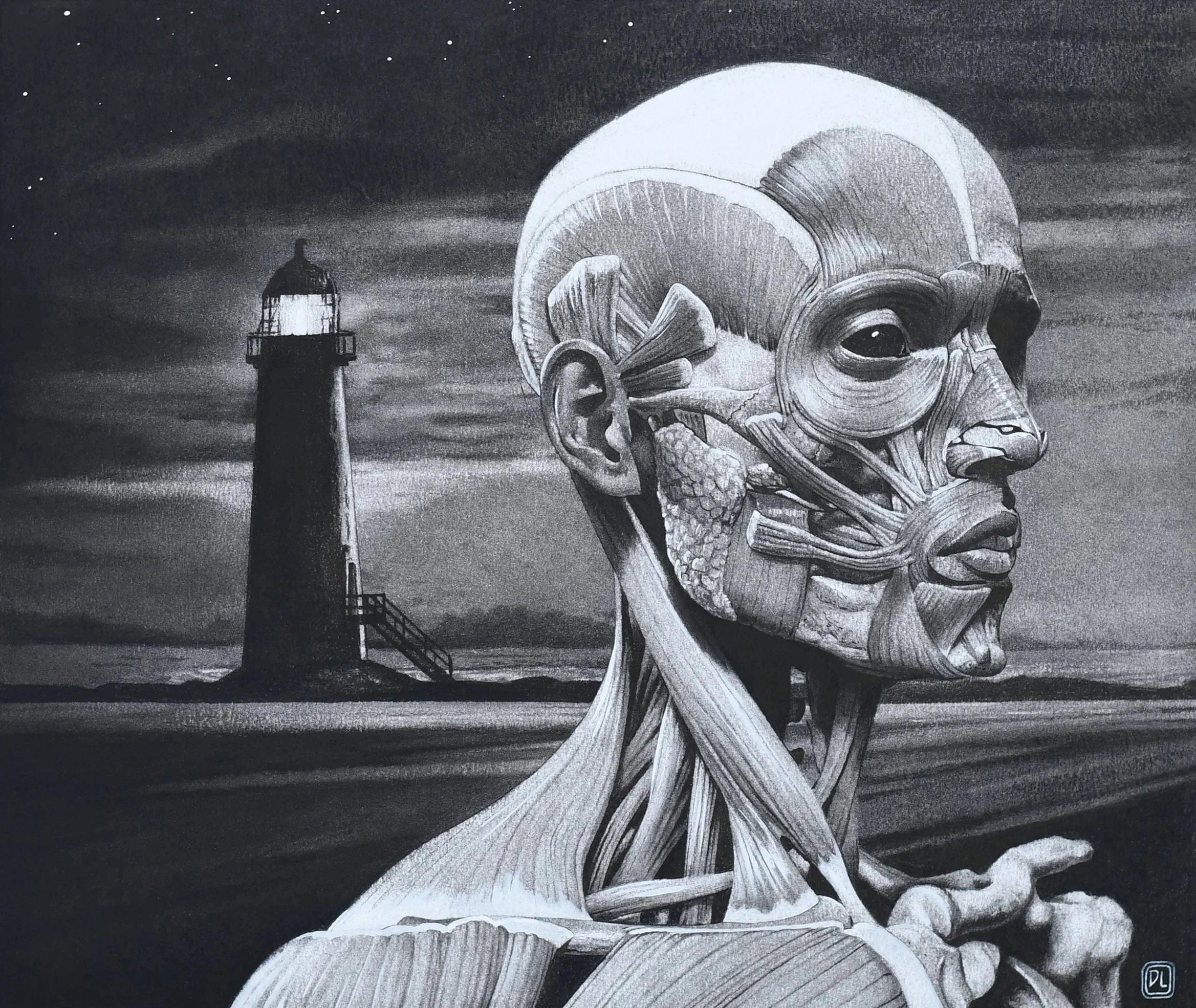 A detailed grayscale drawing of a human head with exposed muscles and bones, with a lighthouse in the background at the coast on a cloudy night.