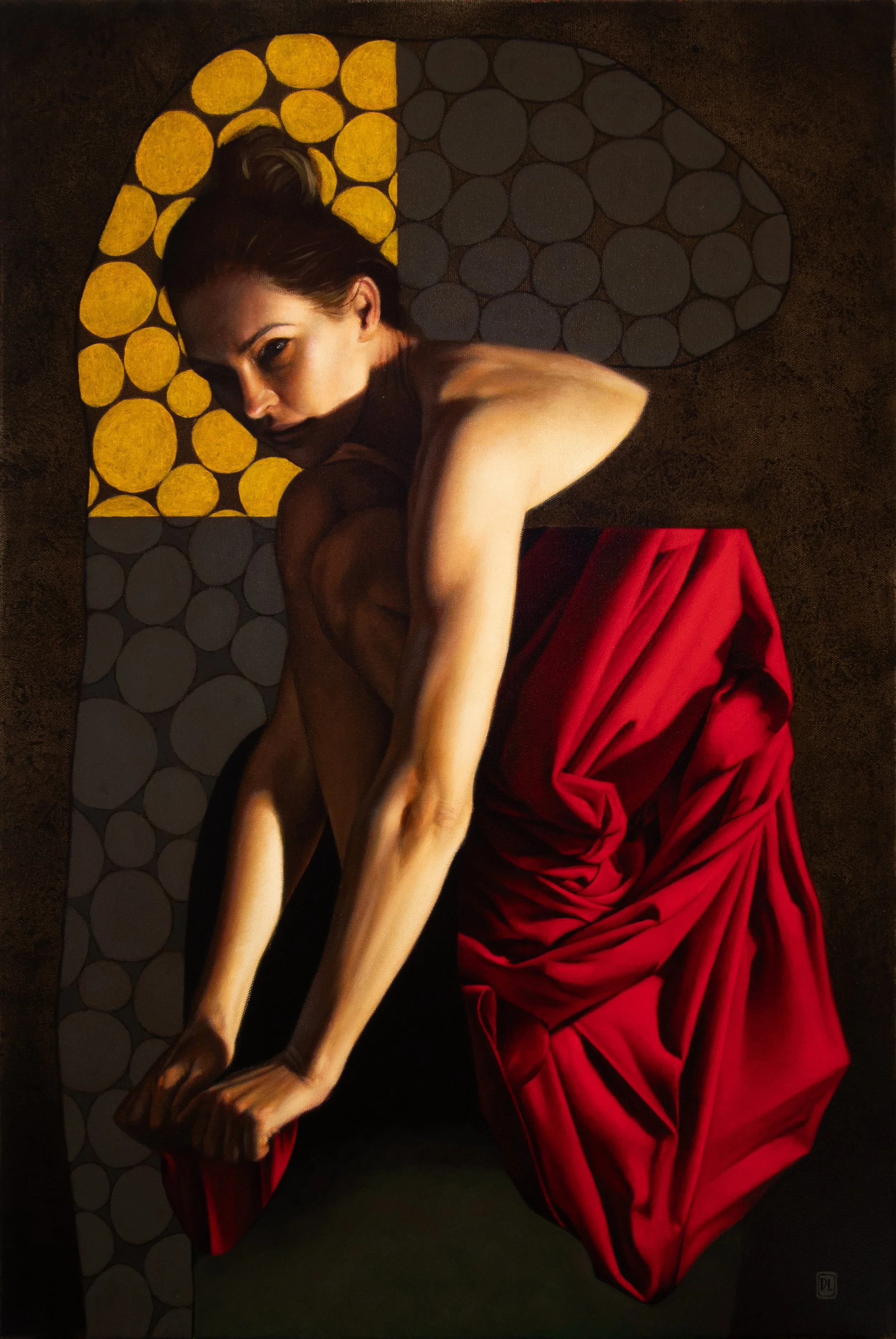 An oil painting with classical fabric drapery of a woman with a partially pulled-down red cloth, leaning forward , against a background with circular patterns and warm lighting.