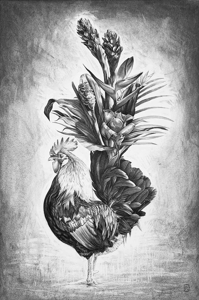 A black and white drawing of a rooster with a large bouquet of flowers on its back, including different types of flowers and foliage.
