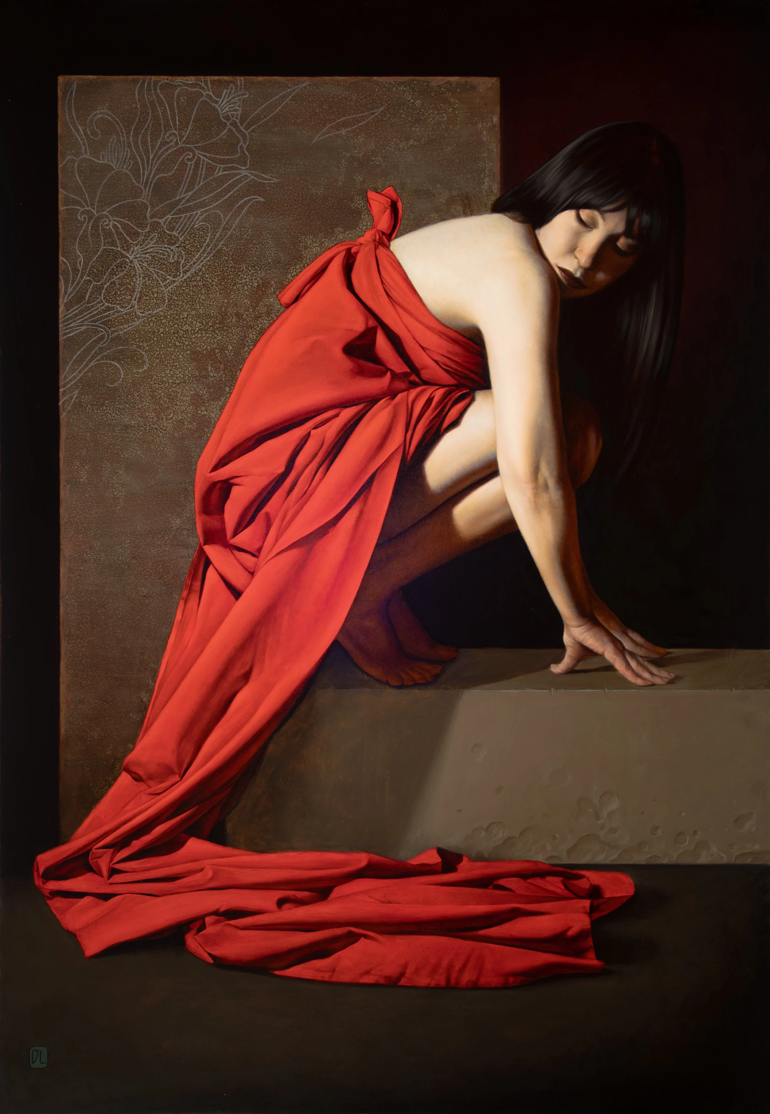 A realistic oil painting of a woman with long black hair, dressed in a flowing red fabric, crouching on a gray surface with a dark background and a textured panel behind her.