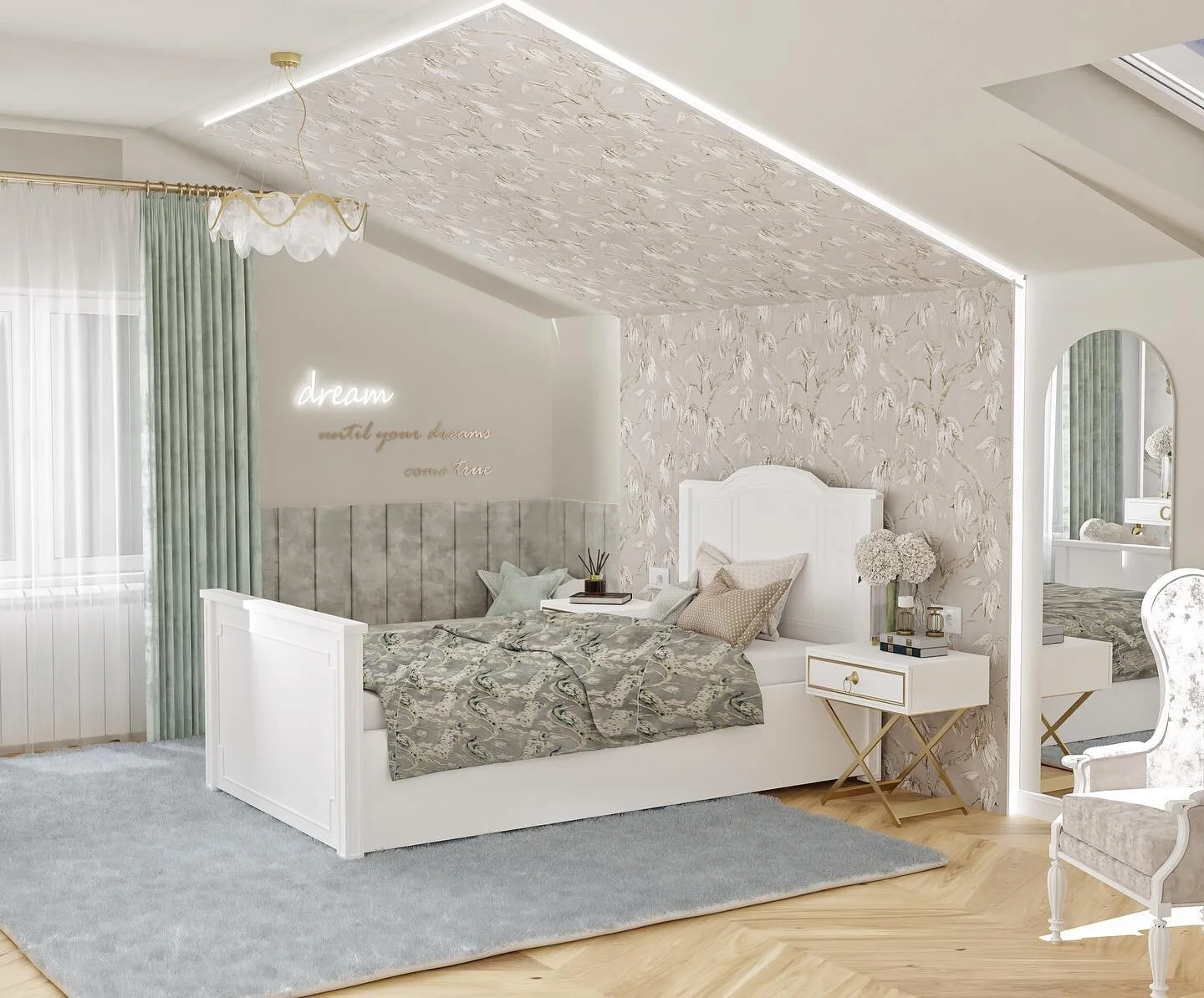 I designed this room on a neutral base, with a touch of light blue shades ,for a calm relaxing atmosphere. 
This room was created for a very sweet little lady according to her needs and dreams.