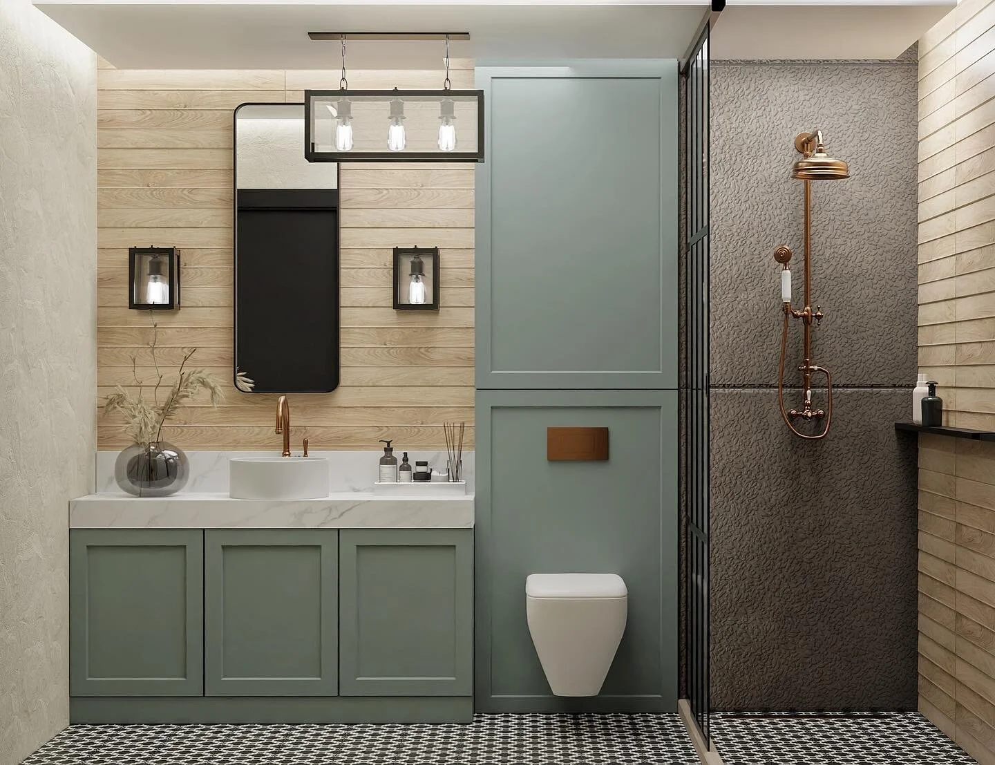 Soft tones of green, combined with light woods and dark textures for a “ house in the woods “, kind of feel.