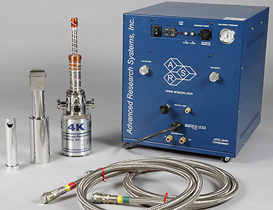 Fig. 1: Typical closed cycle cryostat including radiation shield, vacuum shroud, cold head, compressor, and hoses. 