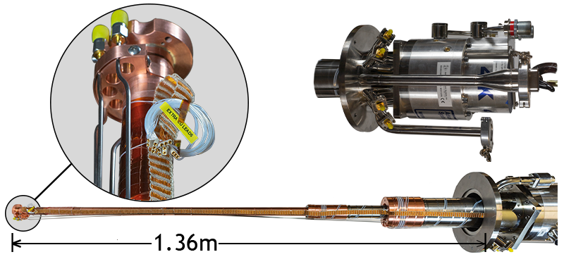 High power cryostat with 6ft extension for insertion into a superconducting vector magnet. Includes wiring for RF Measurements and XYZ Piezo Stage control. All feedthroughs and hoses are bent for 360 degree cryostat rotation within a 10" clear diameter. Based of off DE-215S cryocooler.