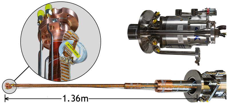 High power cryostat with 6ft extension for insertion into a superconducting vector magnet. Includes wiring for RF Measurements and XYZ Piezo Stage control. All feedthroughs and hoses are bent for 360 degree cryostat rotation within a 10“ clear diameter. Based of off DE-215S cryocooler.