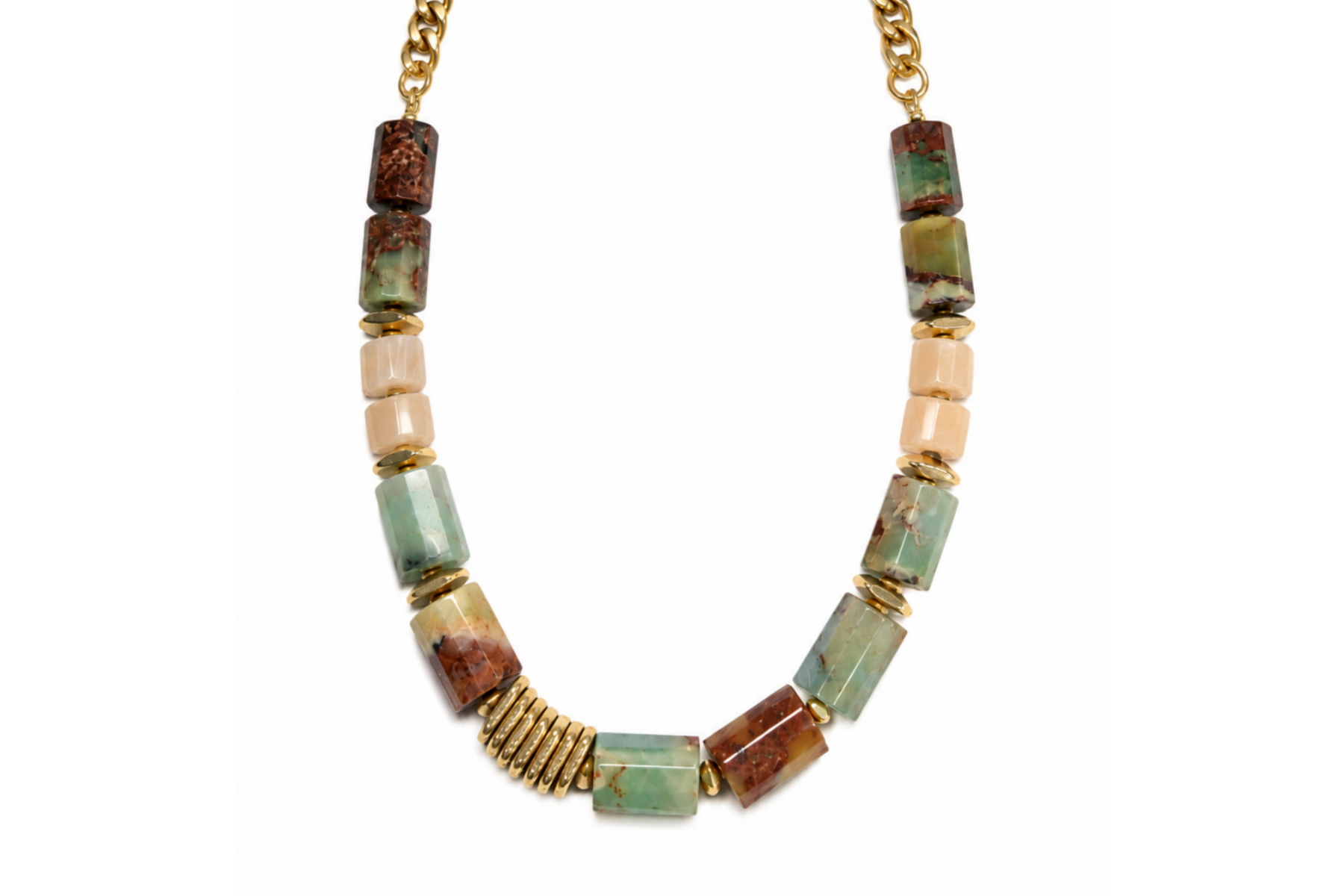 CHRYSOPRASE & PEACH MOONSTONE BARREL-CUT NECKLACE