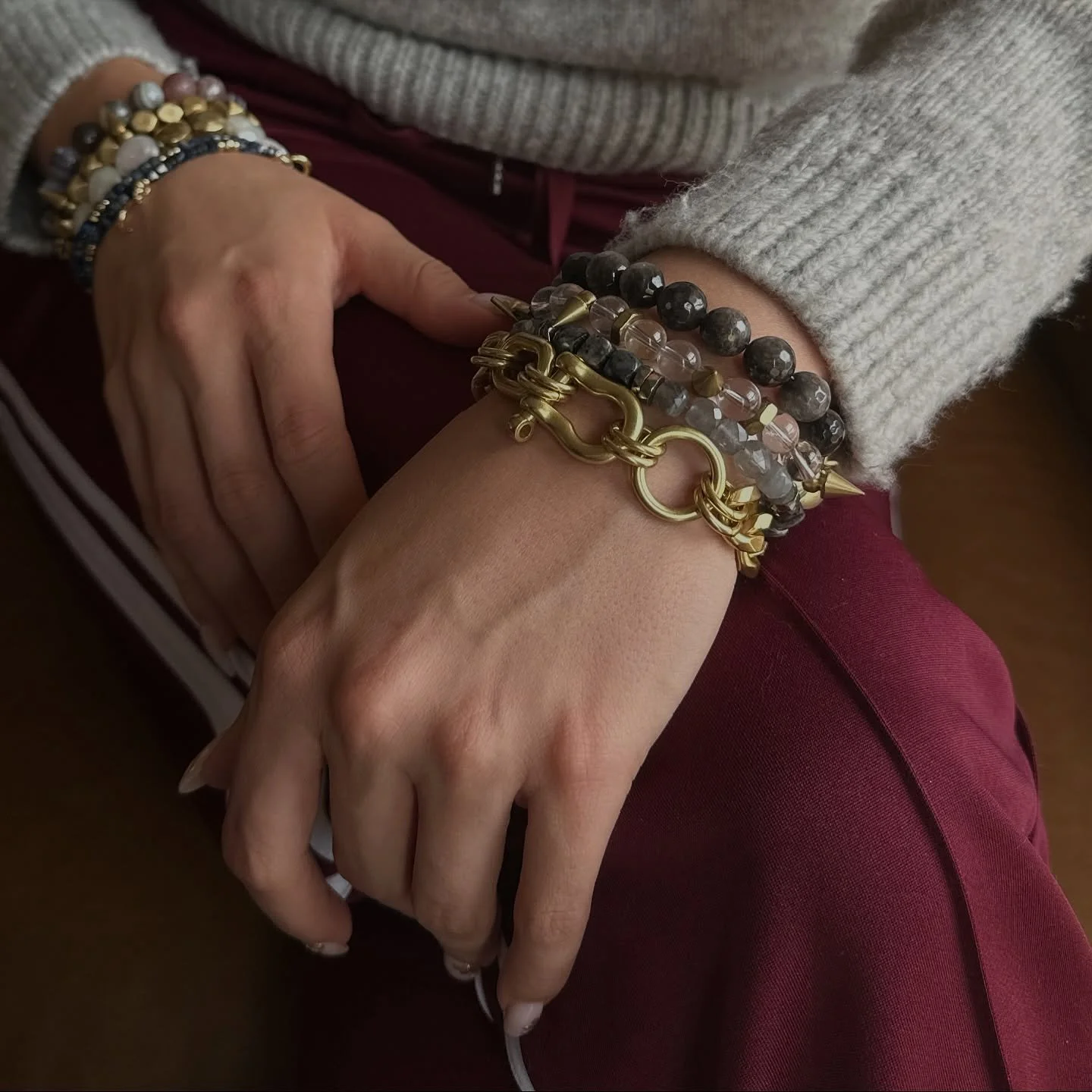 Our signature Narrow bracelet in Rachel&rsquo;s favorite winter palette &mdash; Larvikite and Labradorite, paired with the new Shackle Trio for a mix of texture, tone, and edge.

Play your way with your own piece from our new Winter Jewels bracelet s