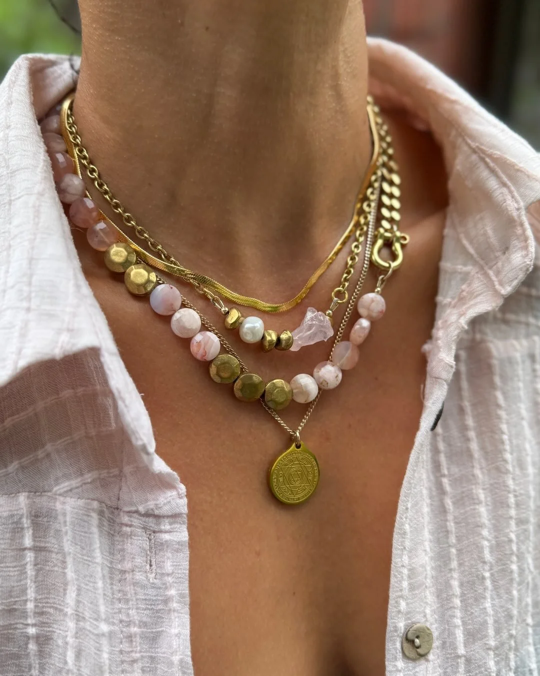 Brand new summer stones meet our classic styles. The soft blush marbling of Cherry Blossom Agate pairs beautifully with our shackle style. This look feels sunsoaked &amp; summer-ready. 

Build your look today: link in bio.

#rachelnathanjewelry #summ