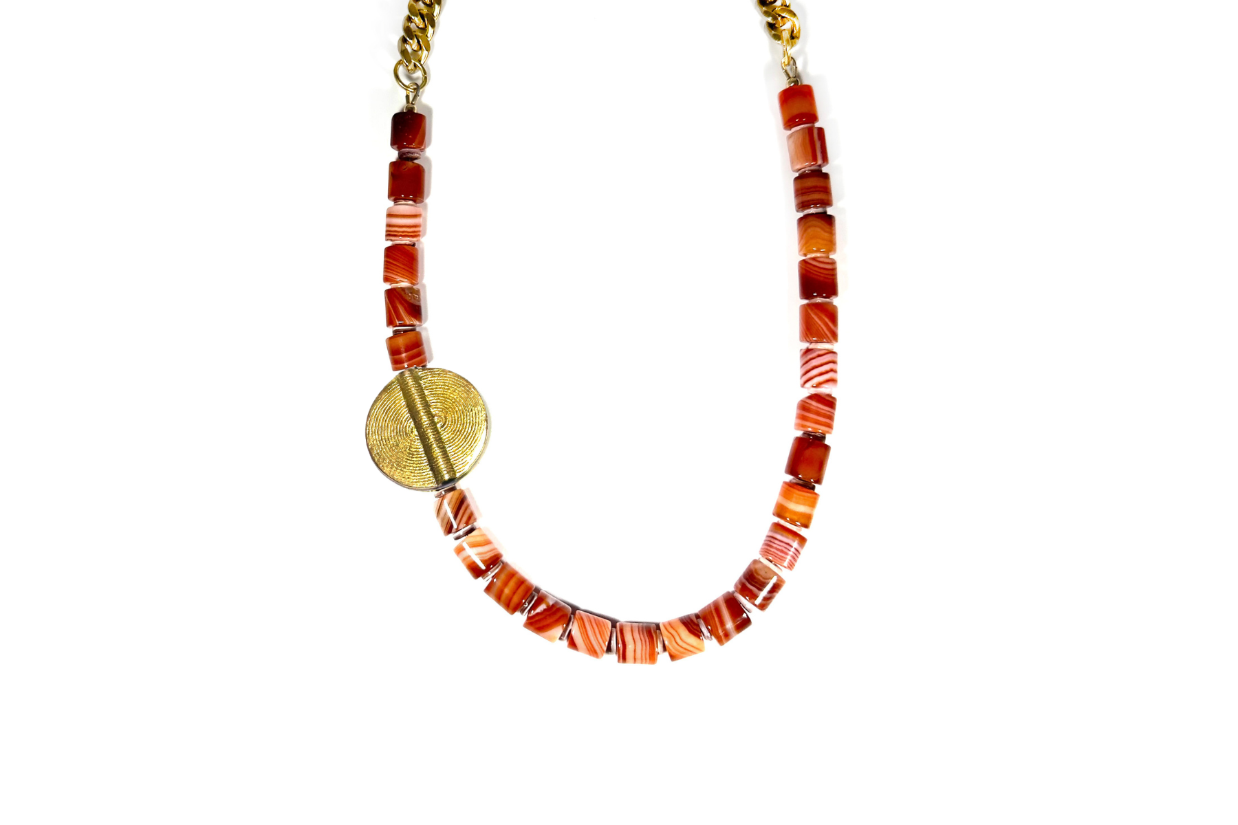 RED BANDED AGATE & BRASS MEDALLION NECKLACE