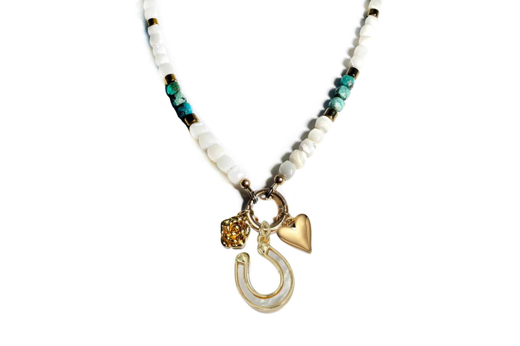 TURQUOISE & MOTHER OF PEARL WITH WESTERN CHARMS NECKLACE