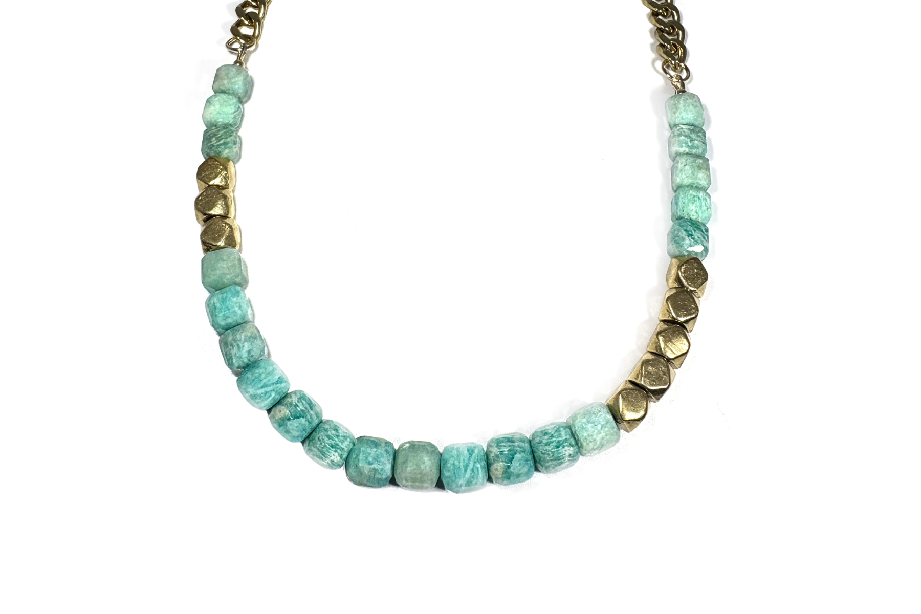 AMAZONITE CUBES & DIAMOND CUT BRASS NECKLACE