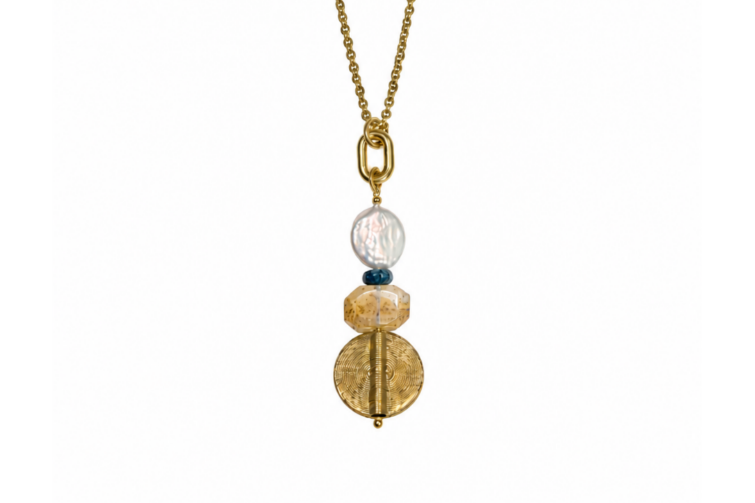LONG: PEARL COIN | GOLDEN DENDRITIC QUARTZ | BRASS MEDALLION NECKLACE