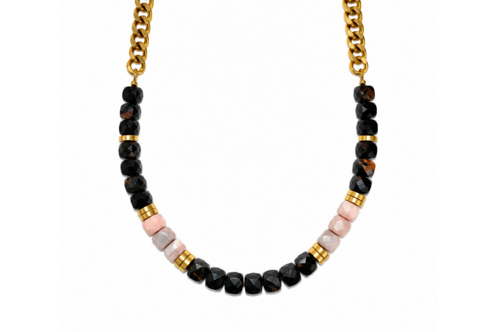 BLACK TOURMALINE & PINK BOTSWANA AGATE CURB NECKLACE