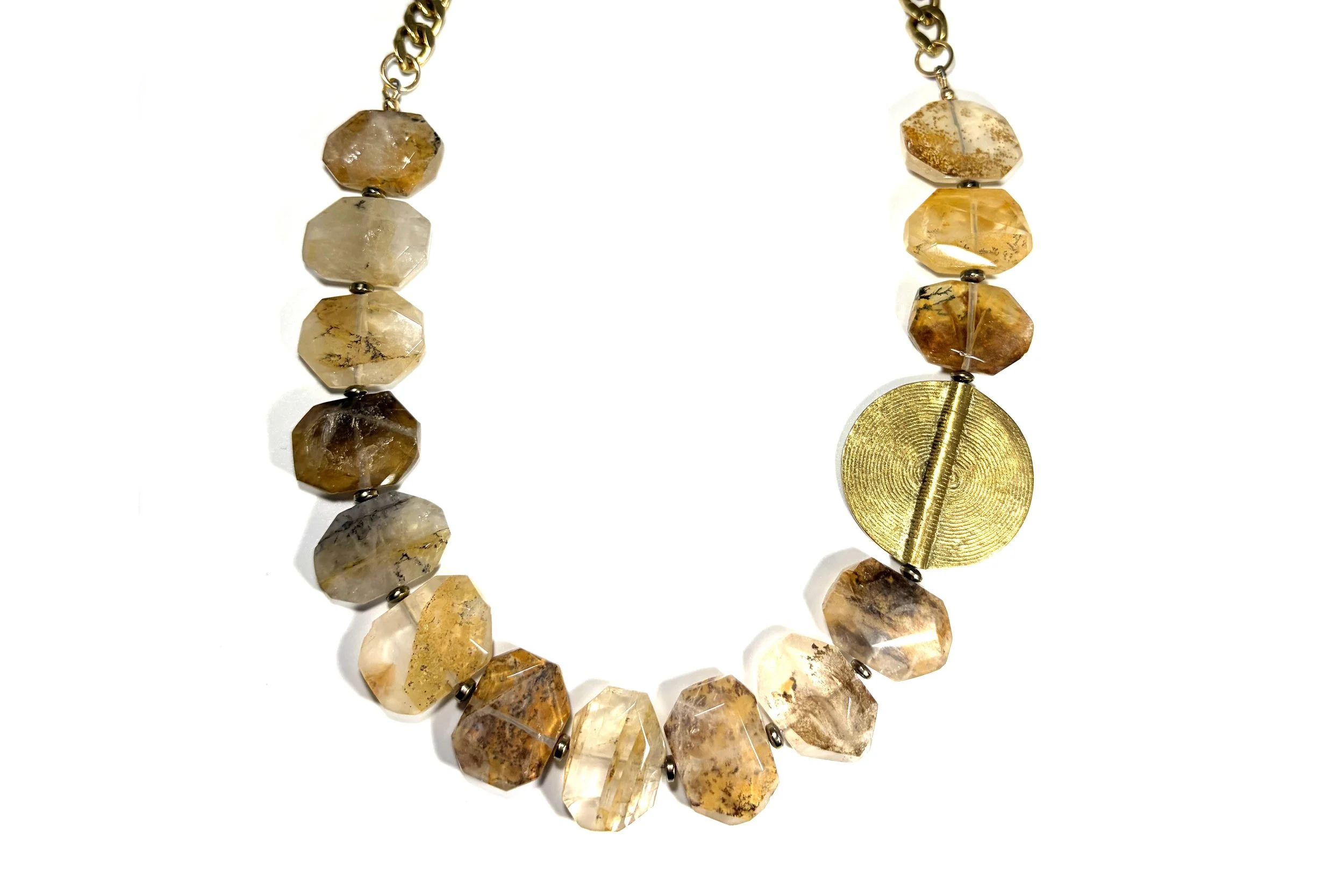 GOLDEN DENDRITIC QUARTZ & BRASS MEDALLION NECKLACE