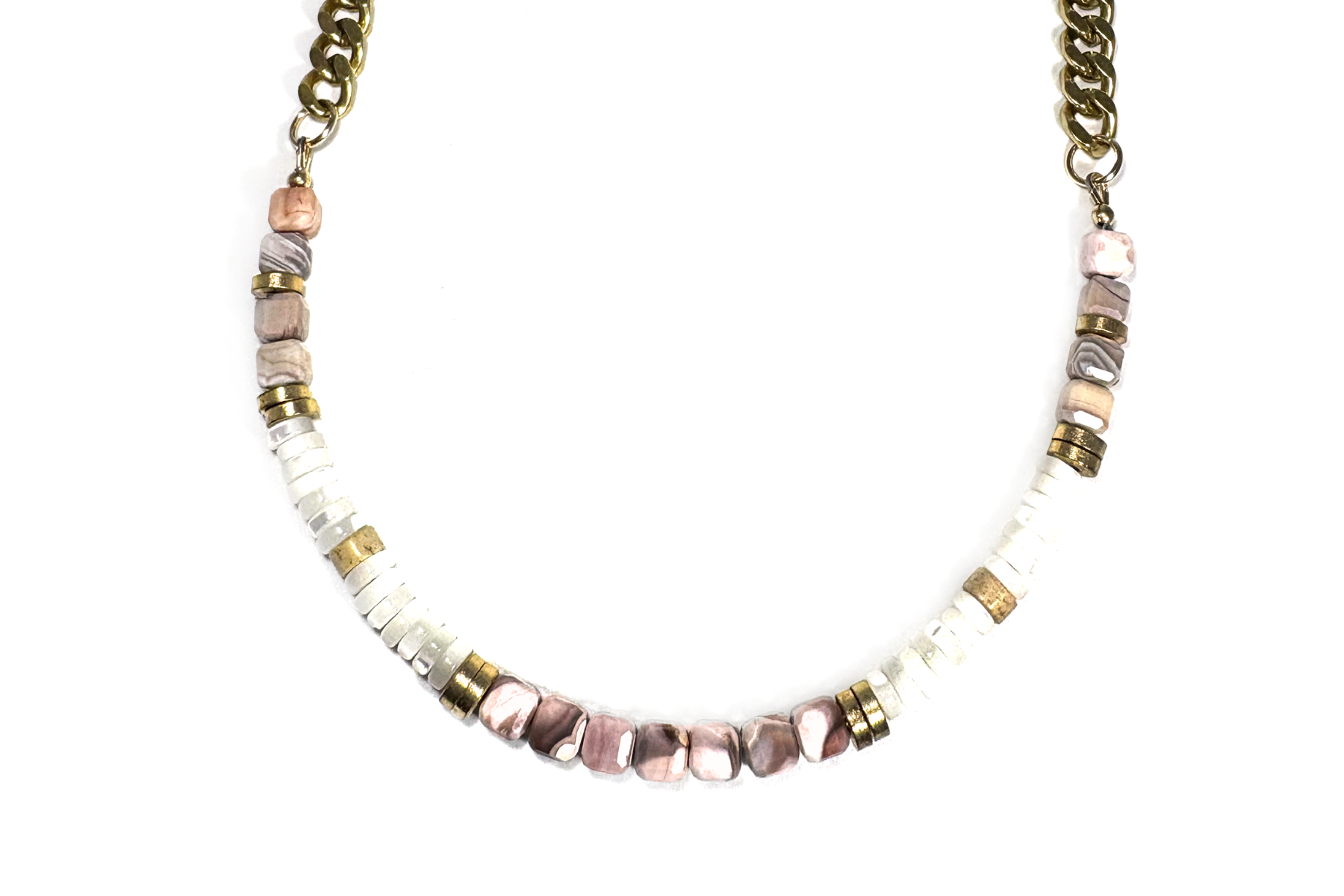 PINK BOTSWANA AGATE & MOTHER OF PEARL CURB NECKLACE