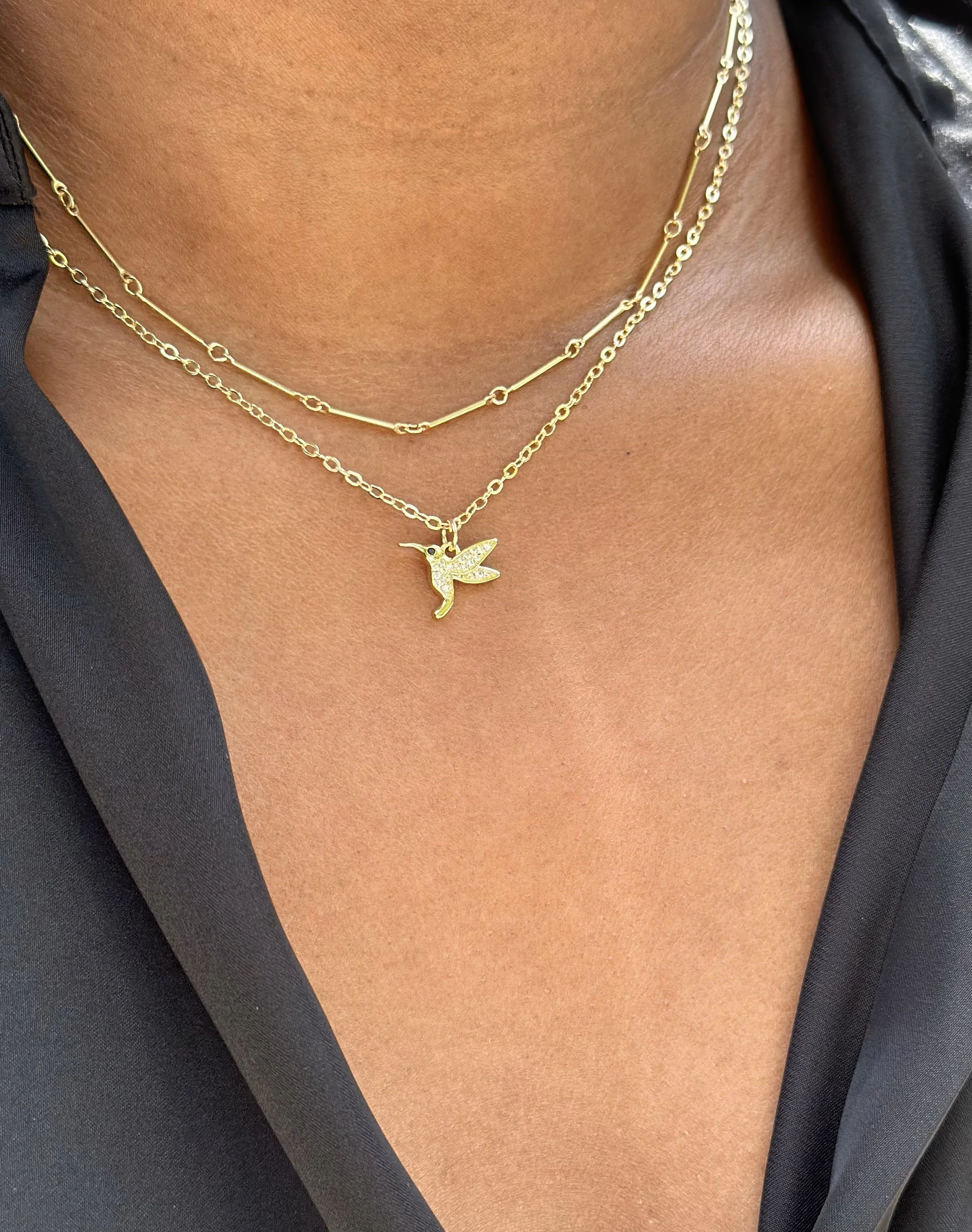 Bar chain necklace and baby hummingbird necklace model.jpg
