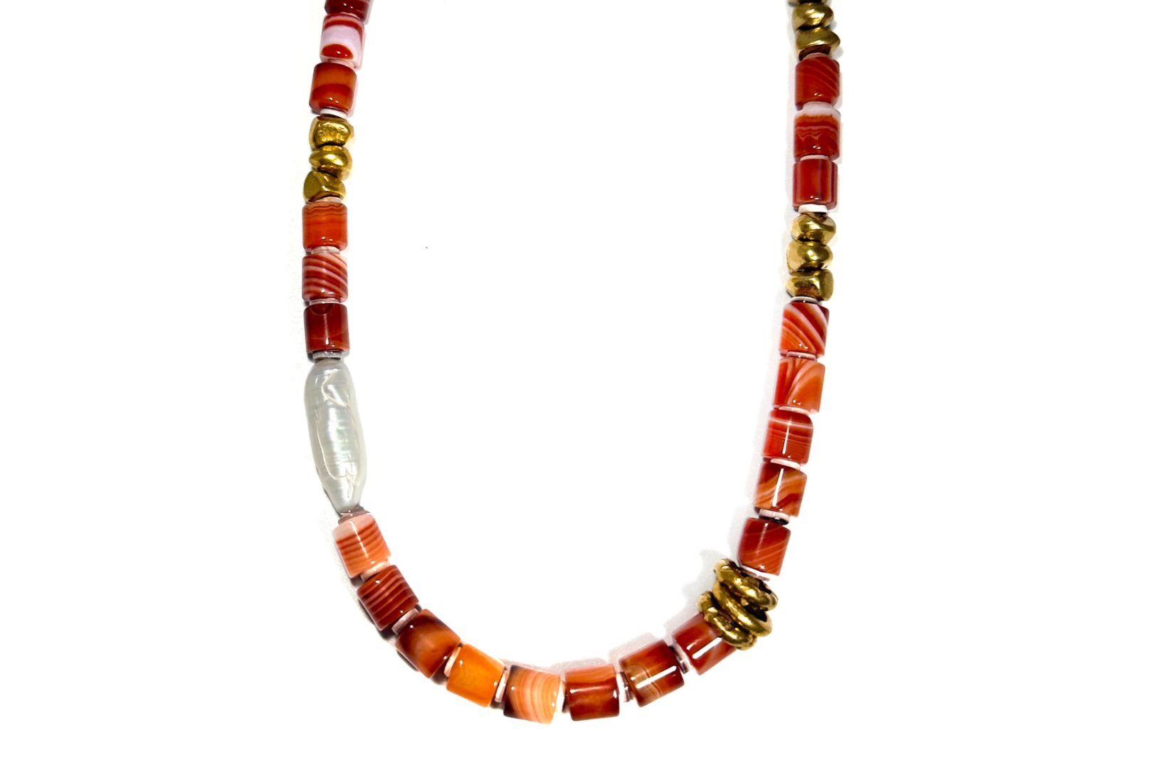 CLIFFSIDE SUNSET: RED BANDED AGATE & BIWA PEARL NECKLACE