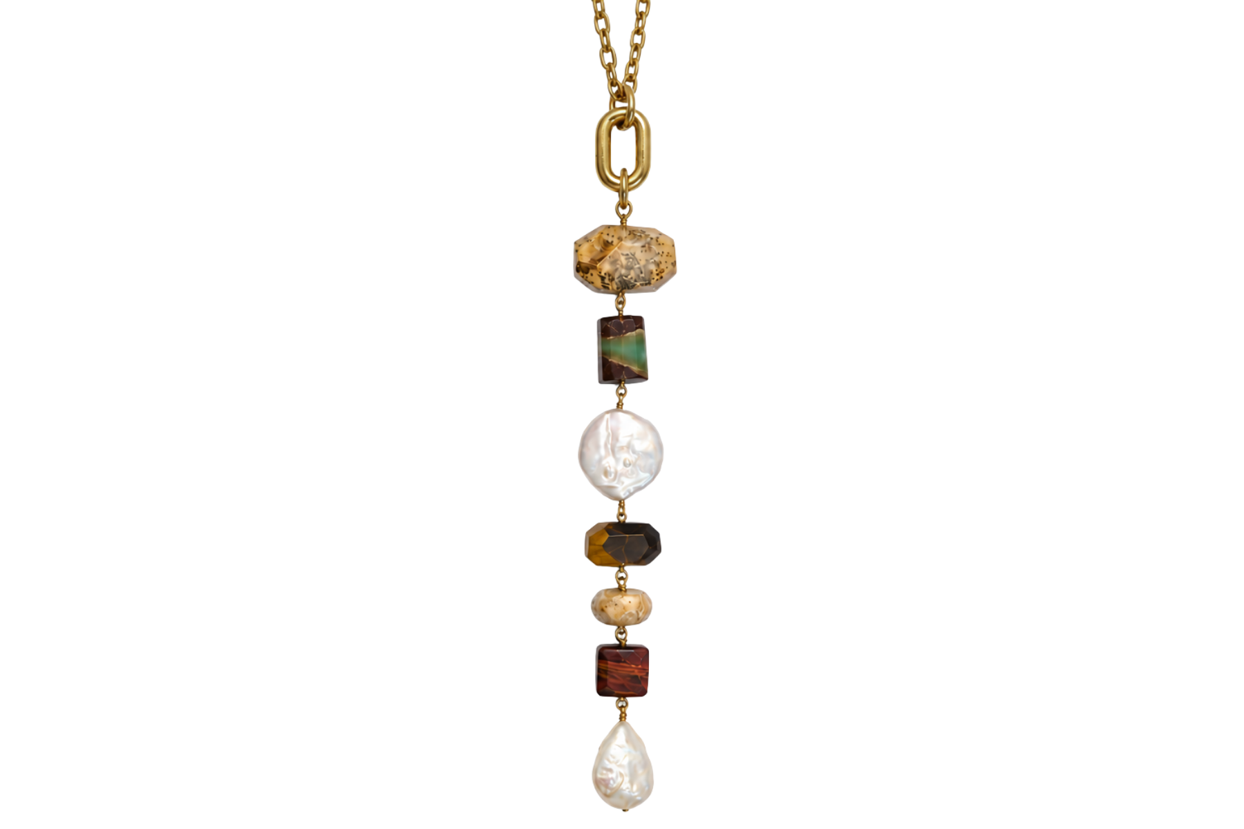 LONG: GOLDEN QUARTZ,  CHRYSOPRASE, TIGER'S EYE, PEARL NECKLACE