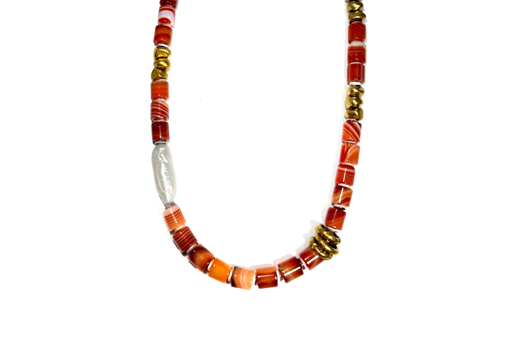 CLIFFSIDE SUNSET: RED BANDED AGATE & BIWA PEARL NECKLACE