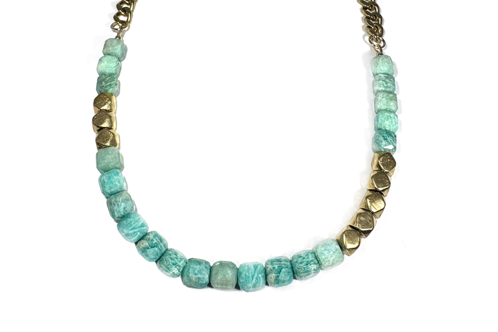 AMAZONITE CUBES & DIAMOND CUT BRASS NECKLACE