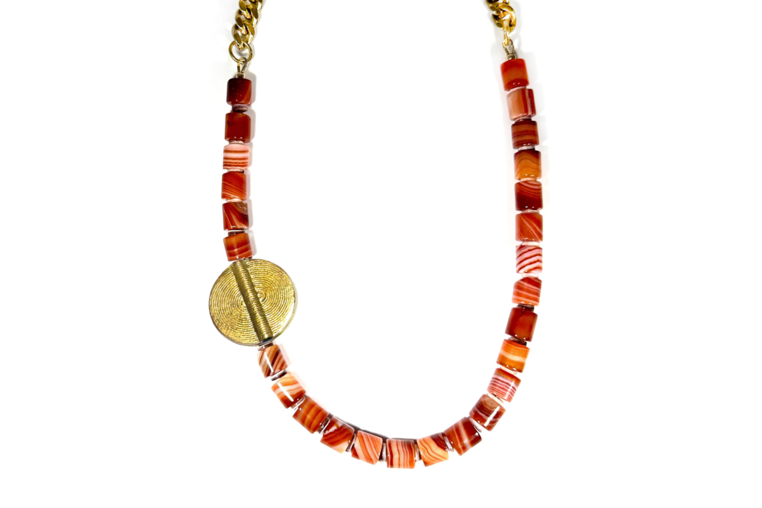 RED BANDED AGATE & BRASS MEDALLION NECKLACE