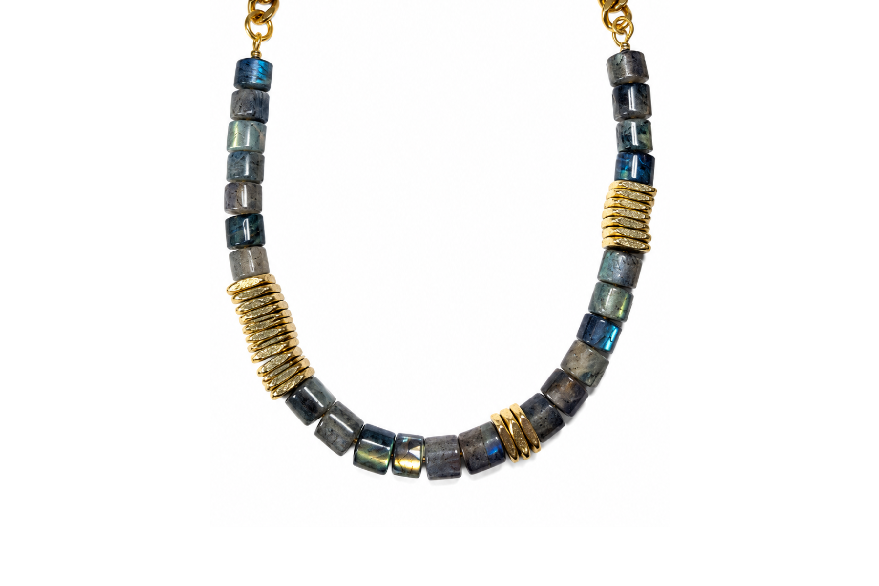 LABRADORITE BARREL & BRASS HEISHI NECKLACE