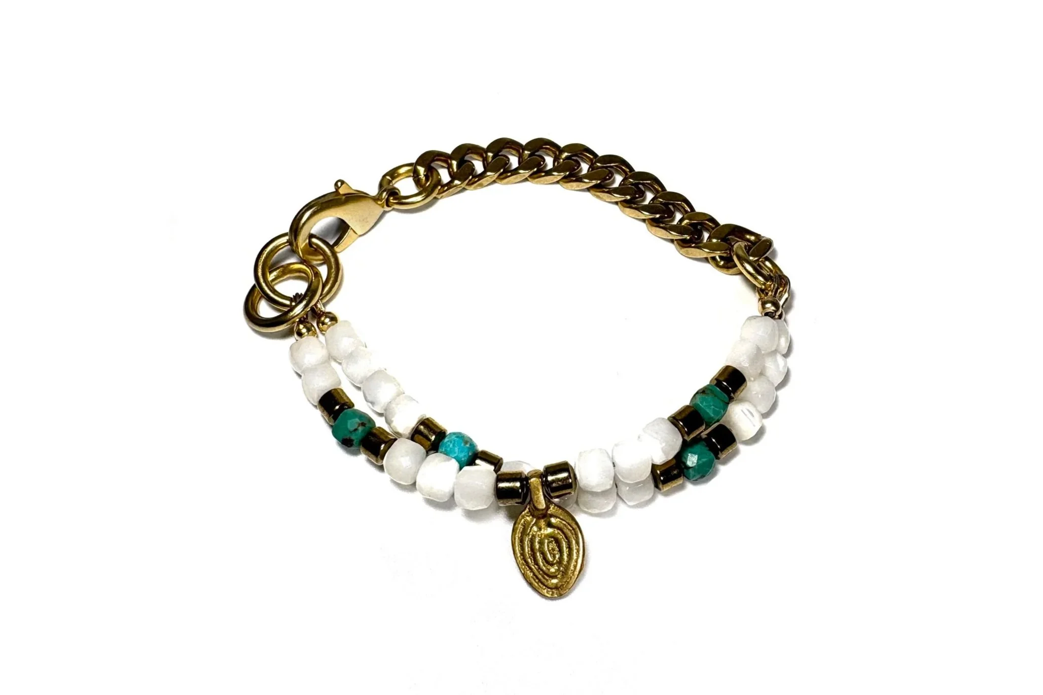 REMIX DUO: TURQUOISE & MOTHER OF PEARL | INDIAN BRASS OVAL BRACELET