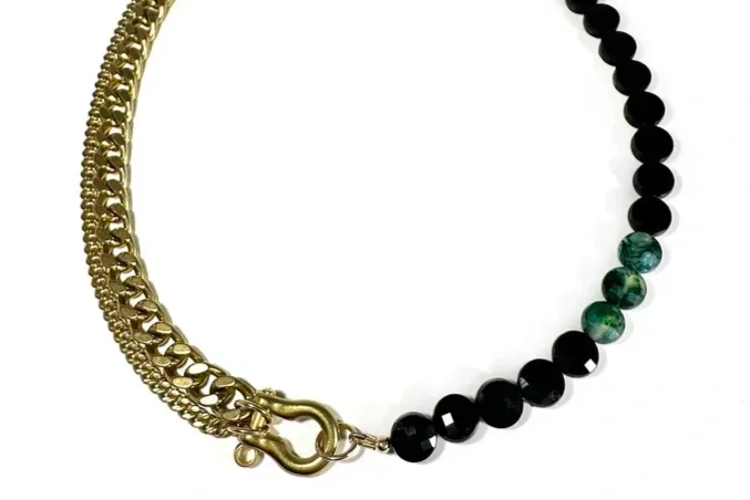 SHACKLE DUO: BLACK TOURMALINE & MOSS AGATE COIN NECKLACE