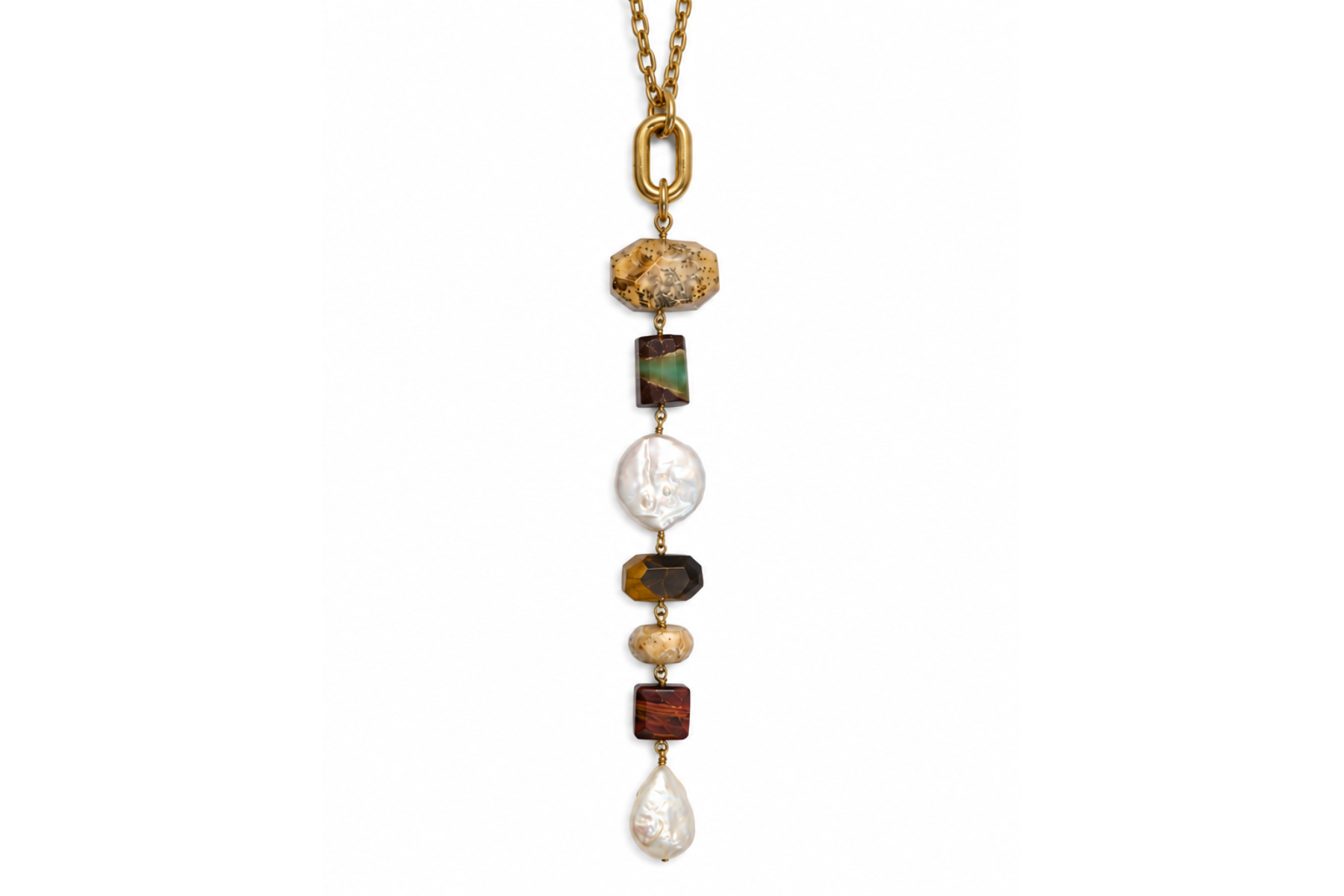 LONG: GOLDEN QUARTZ,  CHRYSOPRASE, TIGER'S EYE, PEARL NECKLACE