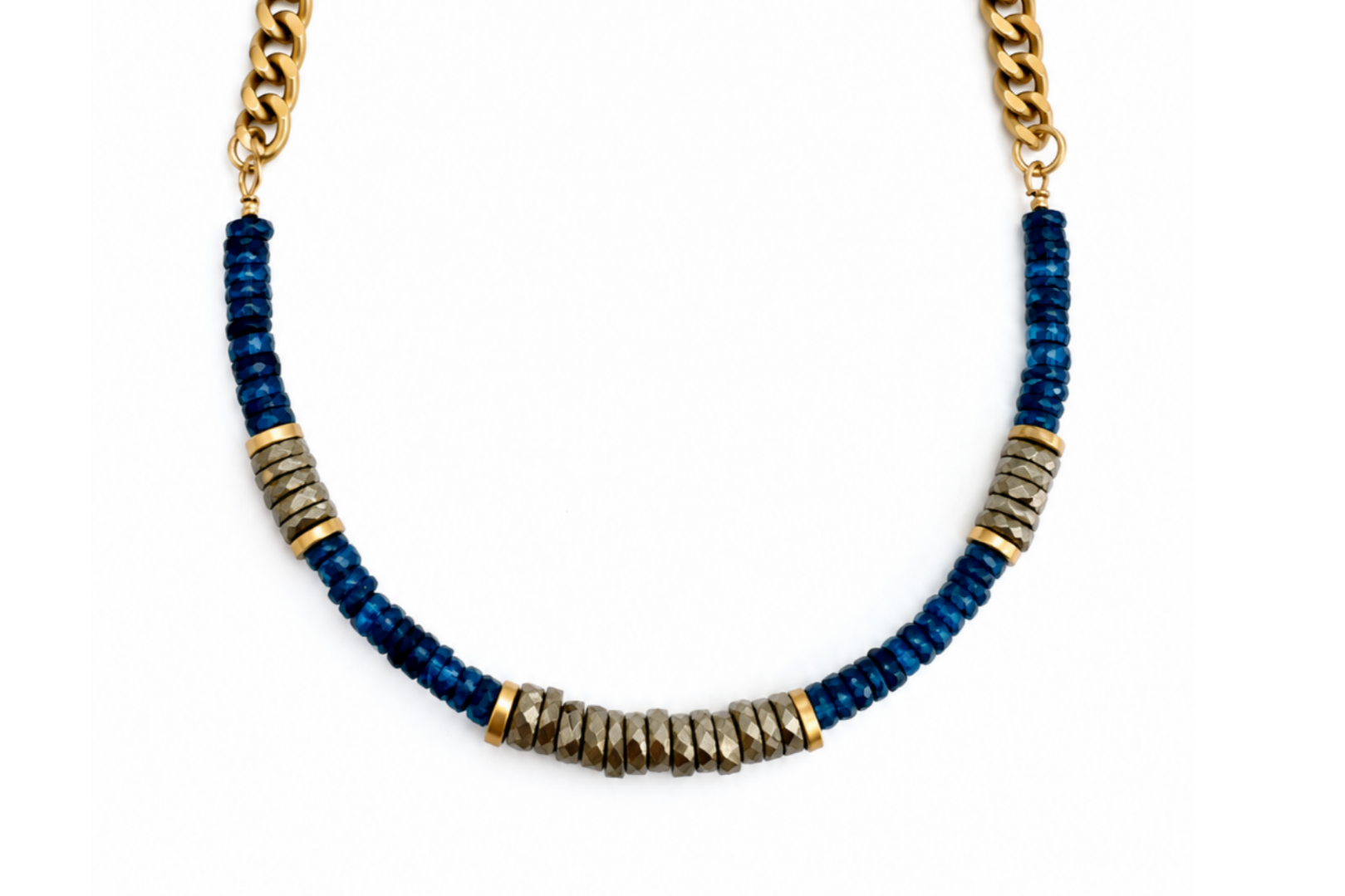 FACETED BLUE TOPAZ & PYRITE HEISHI | CURB NECKLACE