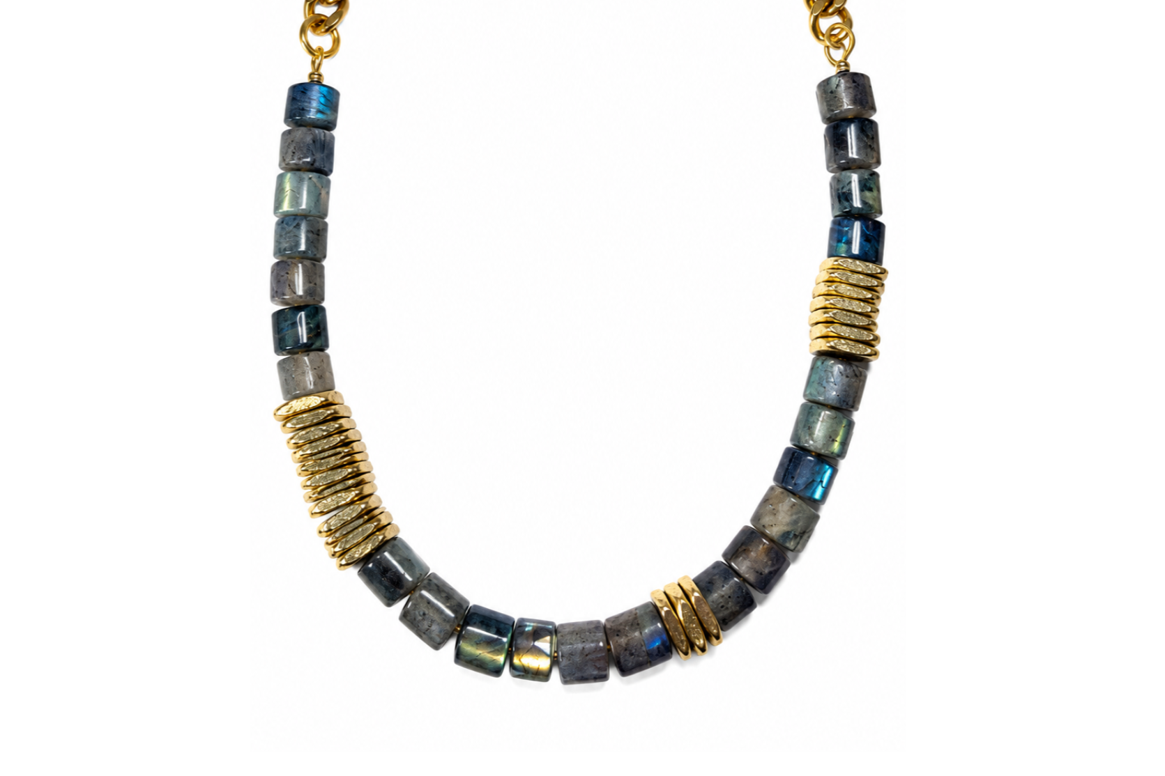 LABRADORITE BARREL & BRASS HEISHI NECKLACE