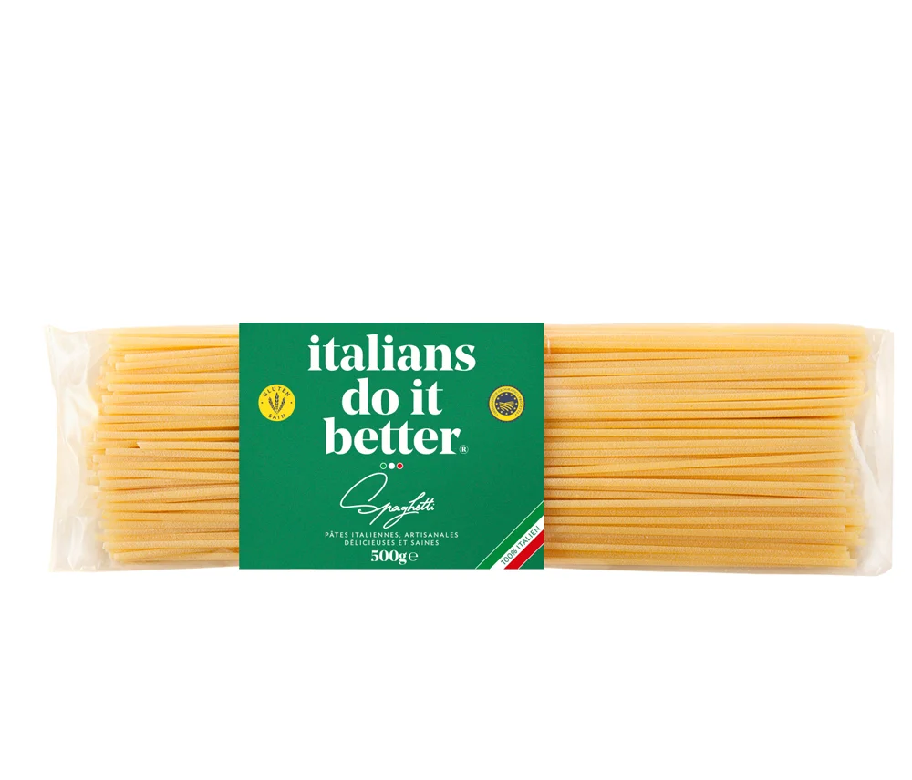 Spaghetti 500g 4/5 personnes - cuisson al dente 9/10 min. + faites revenir 1 min. avec la sauce "in padella" ( à la poêle ) 1L d’eau + 10g de sel + 100g pasta