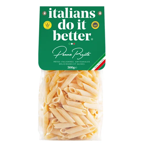 Penne Rigate 500g 4/5 personnes - cuisson al dente 7/8 min. + faites revenir 1 min. avec la sauce "in padella" ( à la poêle ) . 1L d’eau + 10g de sel + 100g pasta