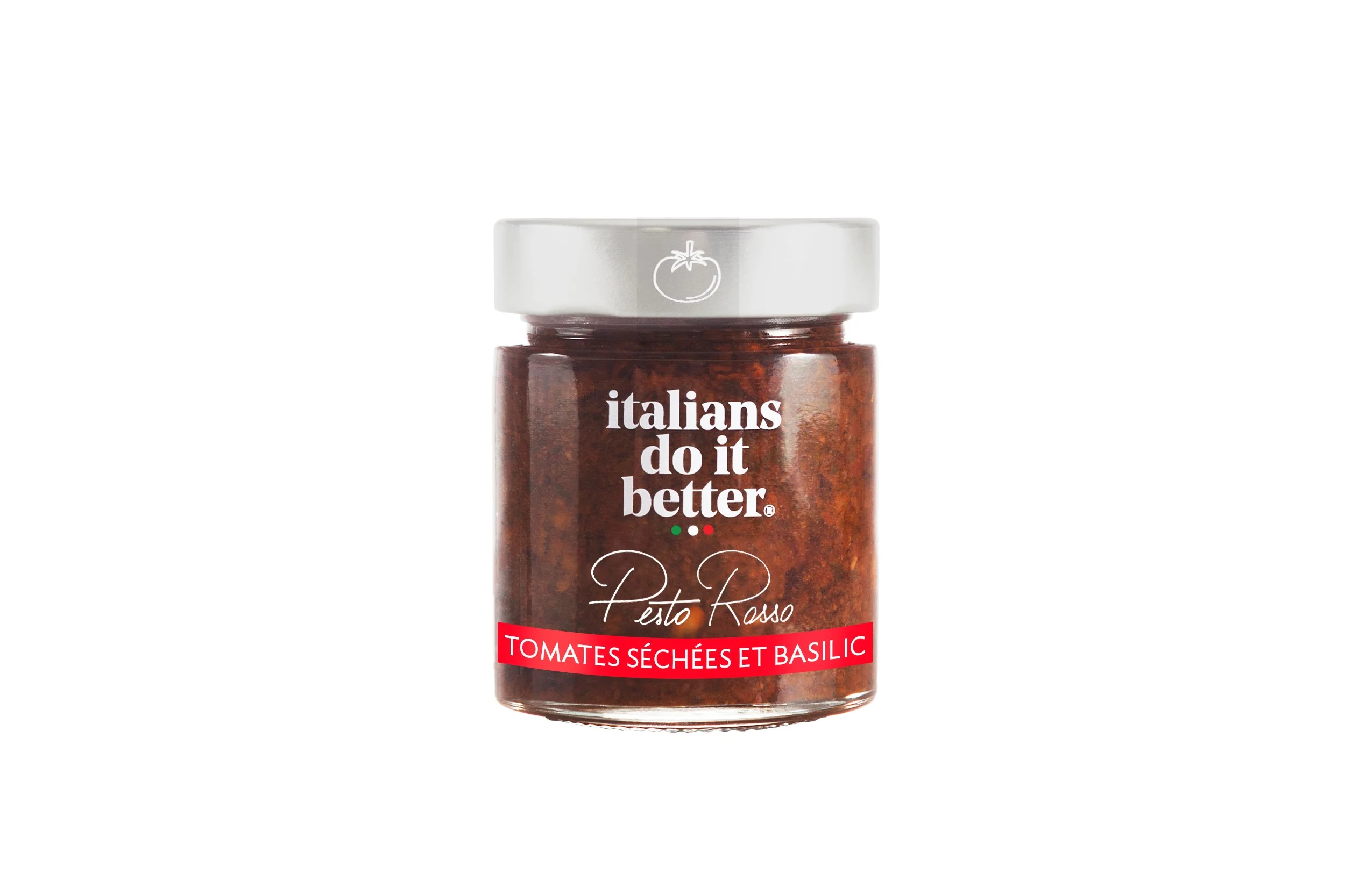 Pesto Rosso Pulpe de tomates (34%), Tomates séchées (10%), Huile d’Olive Extra Vierge, Parmigiano Reggiano AOP , Pignons de Pin, Basilic, Sel, Ail, Piment. L’original pesto rosso fait de tomates lentement séchées au soleil. A déguster dans vos pasta mais également sur des bruschette ou des grissini pour l’apéritif. How to do it better : salez l’eau des pâtes, cuire la pasta al dente et faites-la revenir 1 minute à feu doux avec la sauce. Saupoudrez le tout de Parmigiano Reggiano. A cuisiner avec des spaghetti .