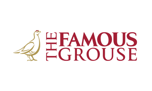 The logo of The Famous Grouse whiskey featuring a gold bird and red text.