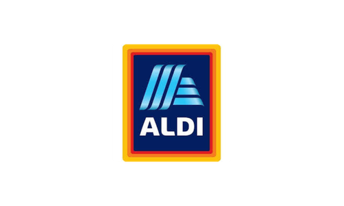 Logo of ALDI grocery store with a blue background and yellow, red, and white border.