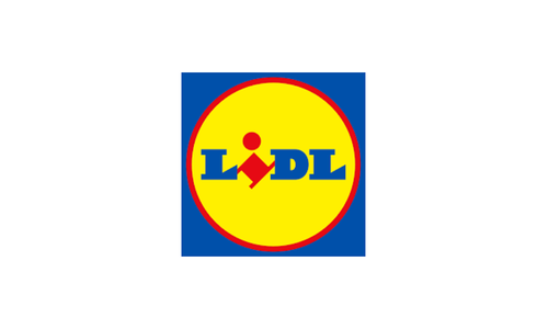 Lidl logo with a blue square background, yellow circle, red border, and blue lettering.