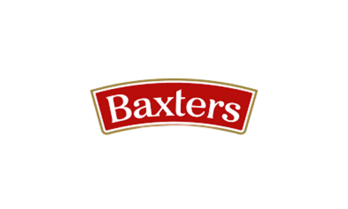 Baxters logo in red with gold outline, on a black background.