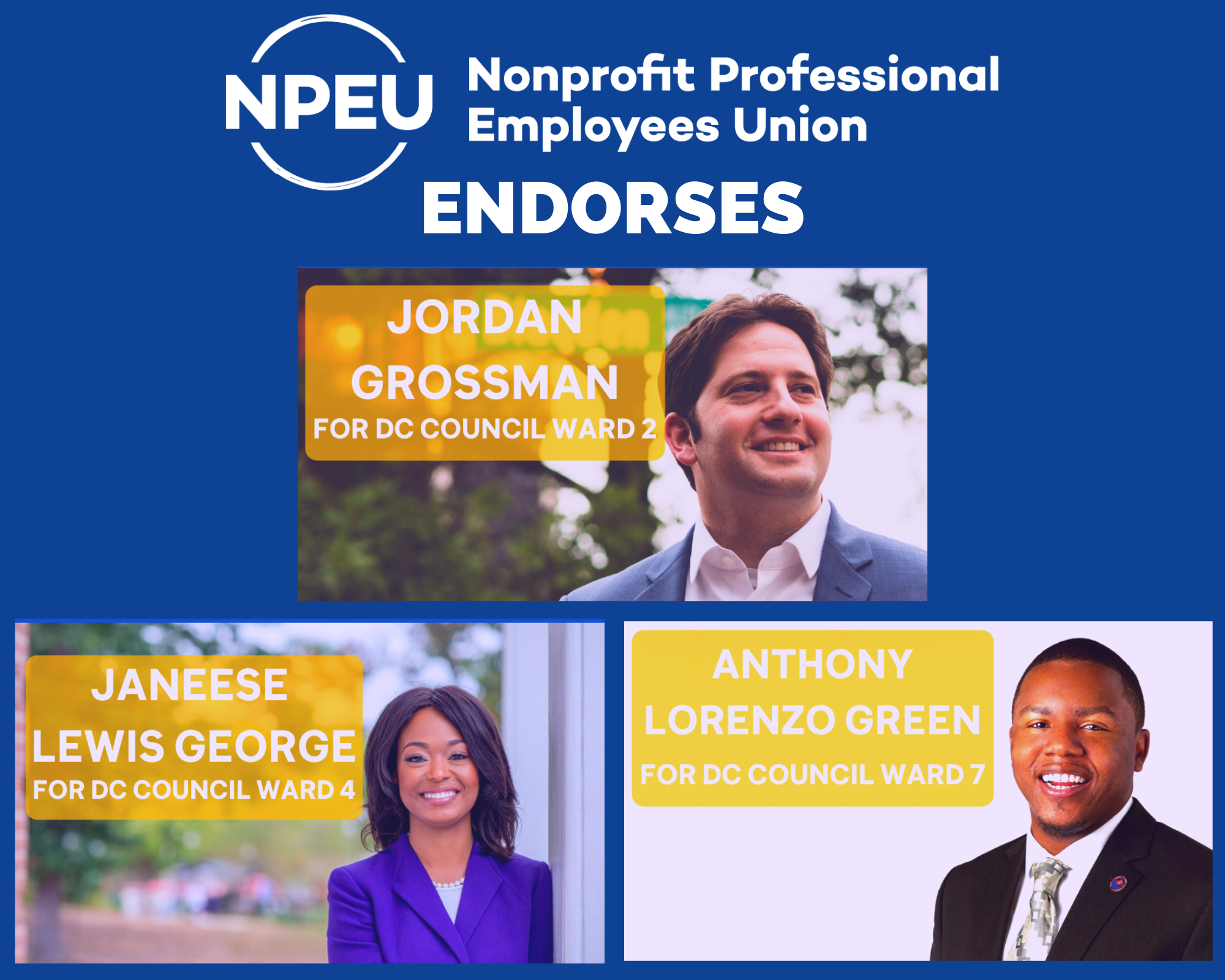 NPEU Endorses in DC Council Races, Jordan Grossman for Ward 2, Janeese Lewis George for Ward 4, Anthony Lorenzo Green for Ward 7