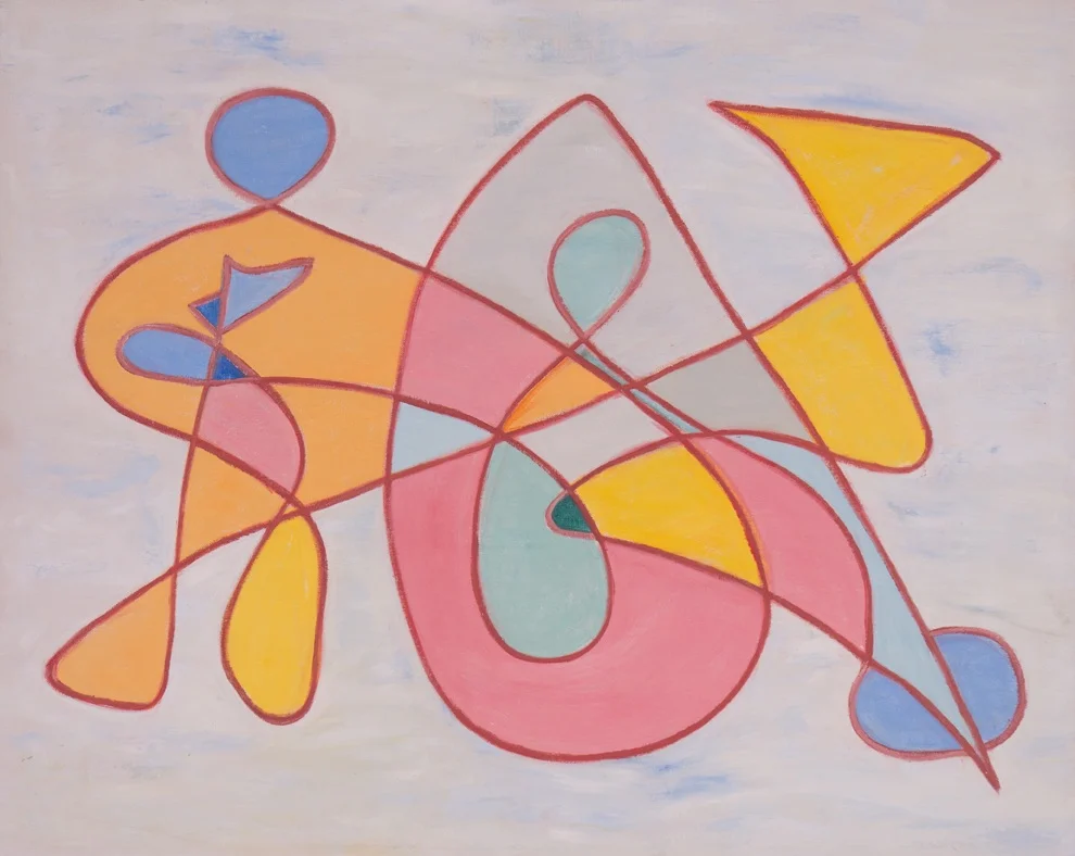 Abstract floating shapes with red outline