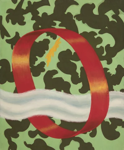 Red O shape with wavy cloud coming through on green background