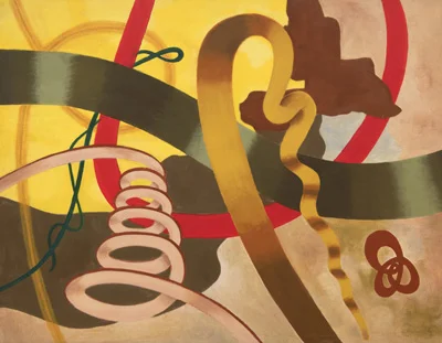 Abstract squiggly floating shapes in brown, red, green, yellow