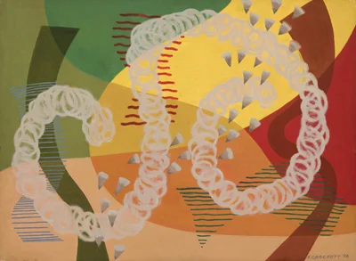 Abstract squiggly floating shapes in white, brown, red, green, yellow, blue