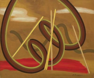 Abstract squiggly floating shapes in brown, red, green, yellow