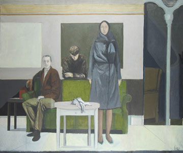 Larry Day: # Paintings and Works # on Paper # March 22 – May 12, 2007 &lt;alt: Painting of woman standing and two men in front of green couch&lt;/&gt;