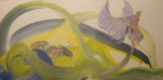 Abstract green, yellow, and purple brushstrokes with bird shapes