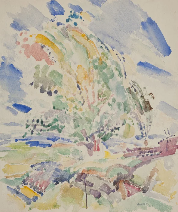 Abstract watercolor valley with blue, green, yellow, black, and purple brushstrokes