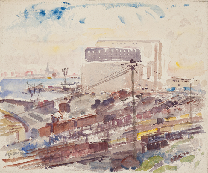 Watercolor railroad yard in muted tones